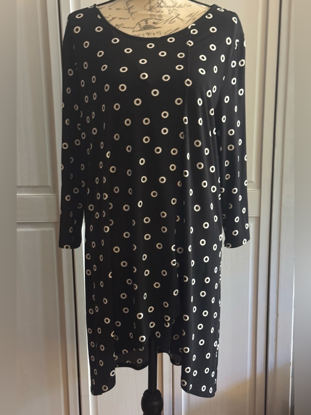 Chico's Black Blouse with White Polka Dot Print High Low Tunic Knit Blouse